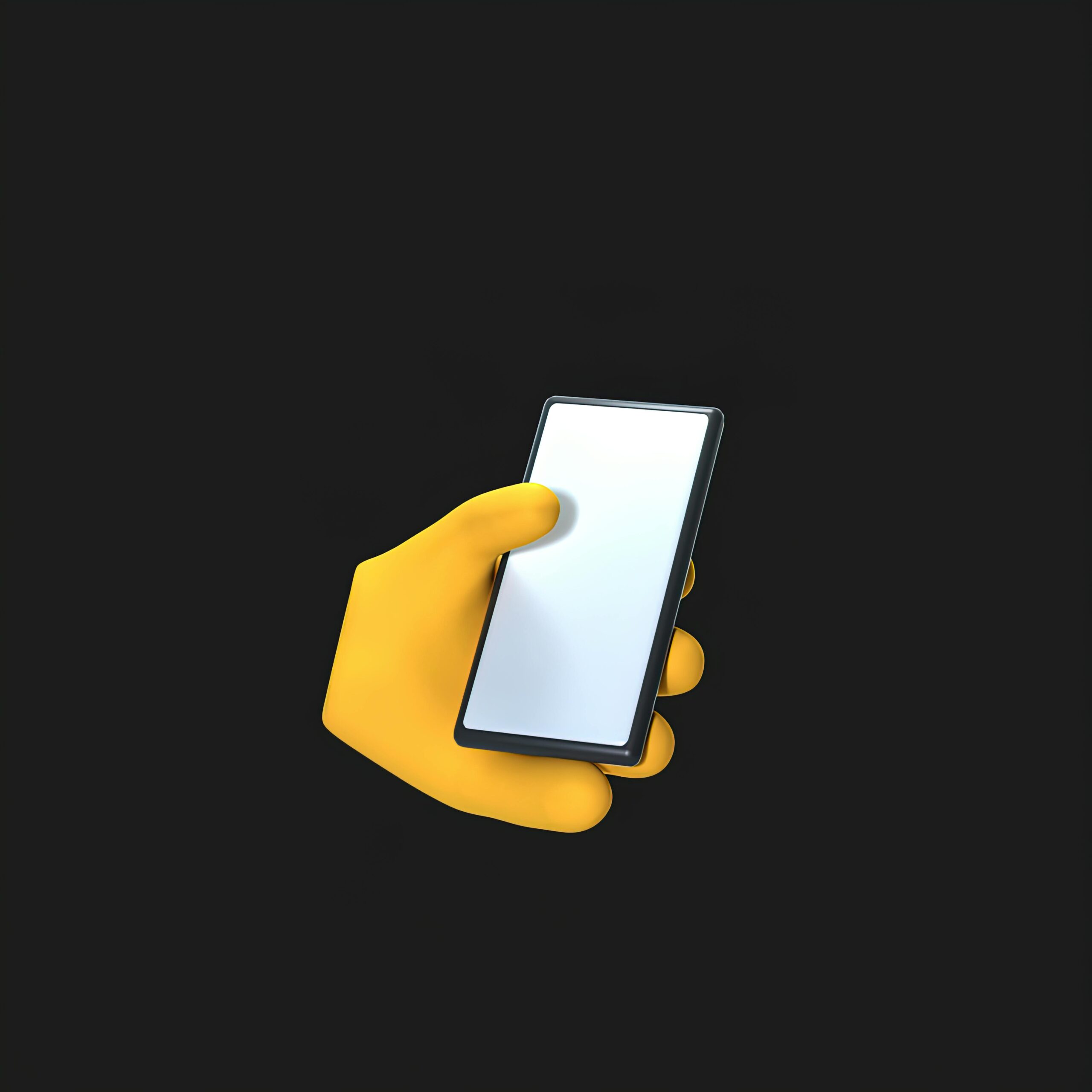 Vibrant 3D illustration of a yellow hand holding a smartphone against a black background.